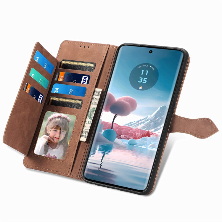 For Motorola Edge 2024 Embossed Flower Zipper Leather Phone Case(Brown) by buy2fix