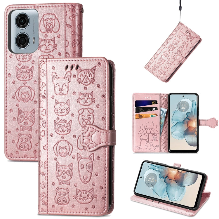 For Motorola Moto G24 Power Cat and Dog Embossed Leather Phone Case(Rose Gold) by buy2fix