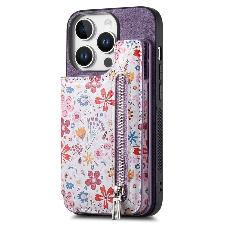 For iPhone 16 Pro Retro Painted Zipper Wallet Back Phone Case(Purple) by buy2fix