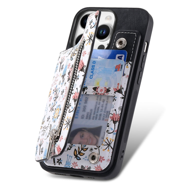 For iPhone 16 Pro Retro Painted Zipper Wallet Back Phone Case(Black) by buy2fix