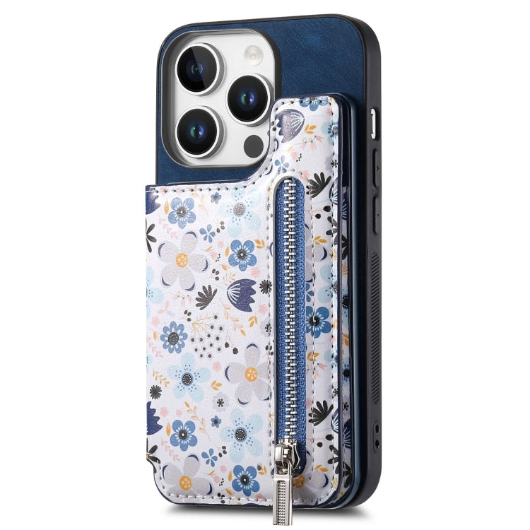 For iPhone 16 Pro Max Retro Painted Zipper Wallet Back Phone Case(Blue) by buy2fix