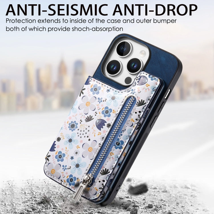 For iPhone 16 Pro Max Retro Painted Zipper Wallet Back Phone Case(Blue) by buy2fix