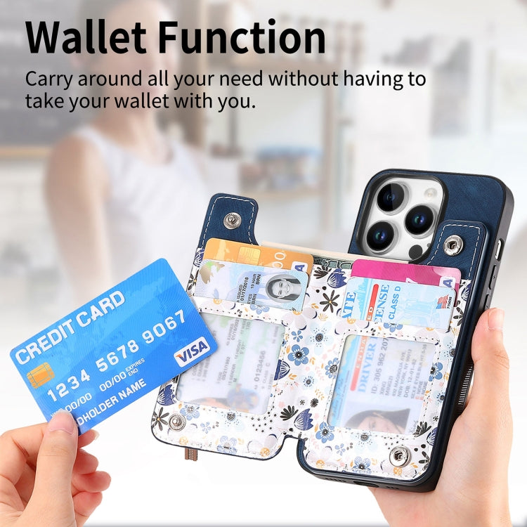 For iPhone 16 Pro Max Retro Painted Zipper Wallet Back Phone Case(Blue) by buy2fix