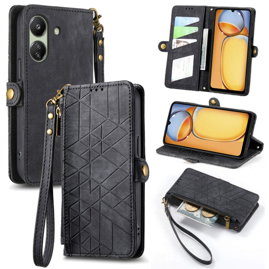 For Xiaomi Redmi 13C Geometric Zipper Wallet Side Buckle Leather Phone Case(Black) by buy2fix