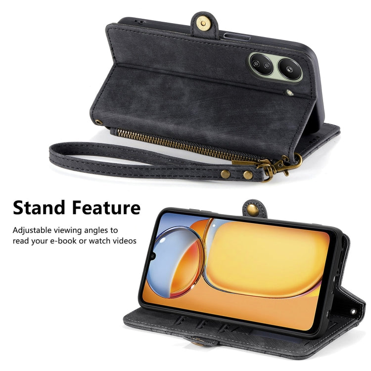 For Xiaomi Redmi 13C Geometric Zipper Wallet Side Buckle Leather Phone Case(Black) by buy2fix