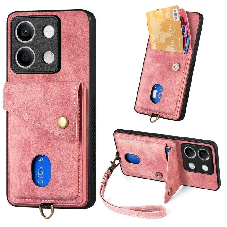 For Xiaomi Redmi Note 13 5G Retro Card Wallet Fold Leather Phone Case with Strap(Pink) - Xiaomi Cases by buy2fix | Online Shopping UK | buy2fix