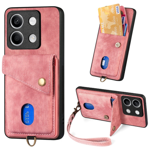 For Xiaomi Redmi Note 13 5G Retro Card Wallet Fold Leather Phone Case with Strap(Pink) - Xiaomi Cases by buy2fix | Online Shopping UK | buy2fix