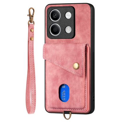 For Xiaomi Redmi Note 13 5G Retro Card Wallet Fold Leather Phone Case with Strap(Pink) - Xiaomi Cases by buy2fix | Online Shopping UK | buy2fix
