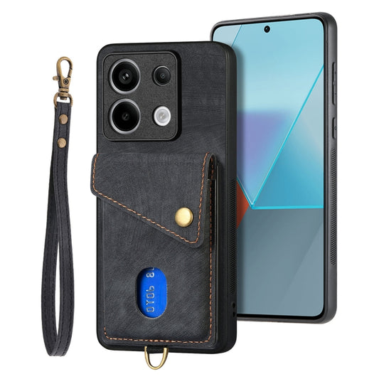 For Xiaomi Redmi Note 13 Pro 5G Retro Card Wallet Fold Leather Phone Case with Strap(Black) - Xiaomi Cases by buy2fix | Online Shopping UK | buy2fix