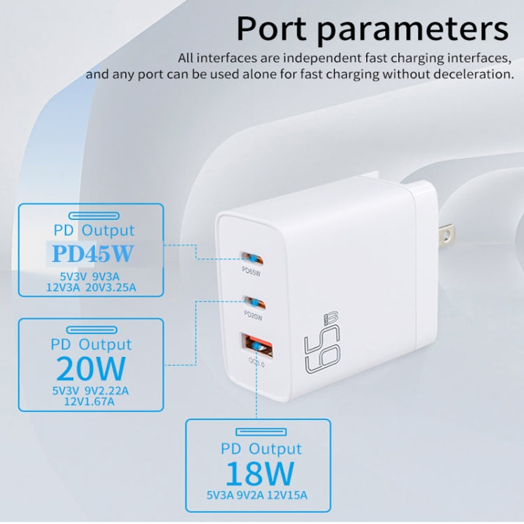 GAN 65W PD45W Dual Type-C / QC3.0 USB Multi Compatible Charger + 2m USB-C to USB-C Data Cable AU + US Plug White by buy2fix