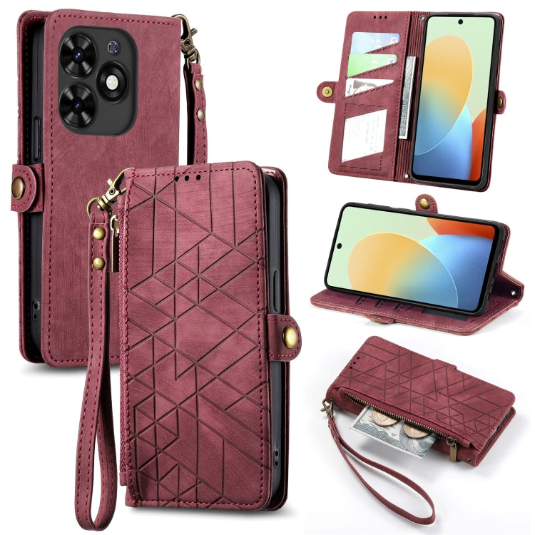For Tecno Spark Go 2024 Geometric Zipper Wallet Side Buckle Leather Phone Case(Red) by buy2fix