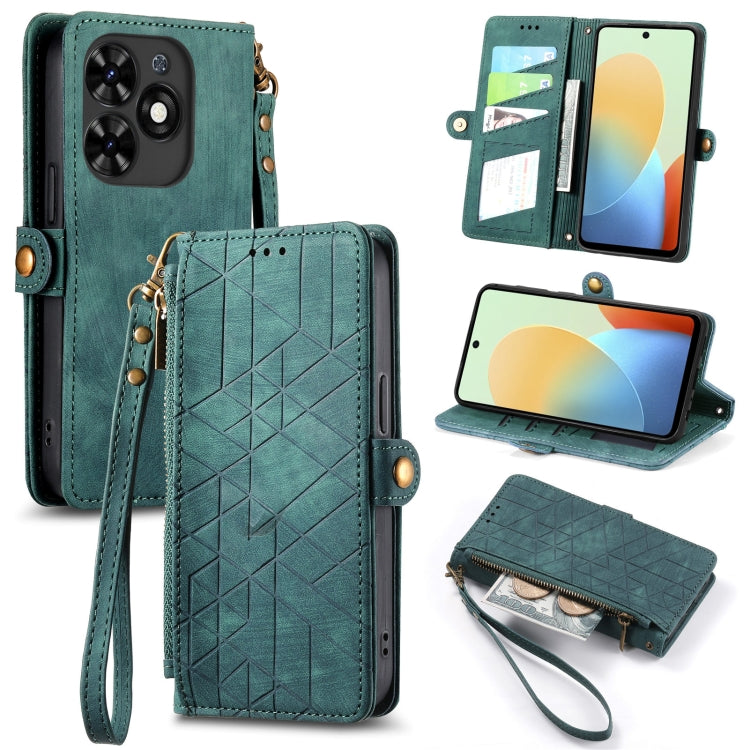 For Tecno Spark Go 2024 Geometric Zipper Wallet Side Buckle Leather Phone Case(Green) by buy2fix