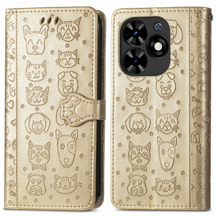 For Tecno Spark Go 2024 Cat and Dog Embossed Leather Phone Case(Gold) by buy2fix