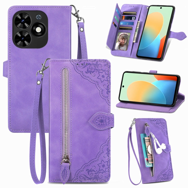 For Tecno Spark Go 2024 Embossed Flower Zipper Leather Phone Case(Purple) by buy2fix