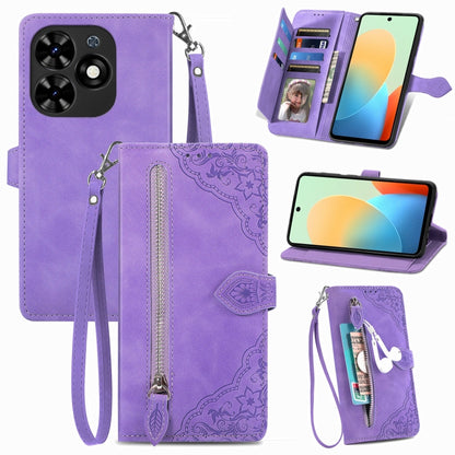 For Tecno Spark Go 2024 Embossed Flower Zipper Leather Phone Case(Purple) by buy2fix