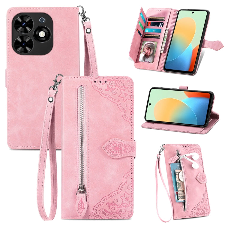 For Tecno Spark Go 2024 Embossed Flower Zipper Leather Phone Case(Pink) by buy2fix