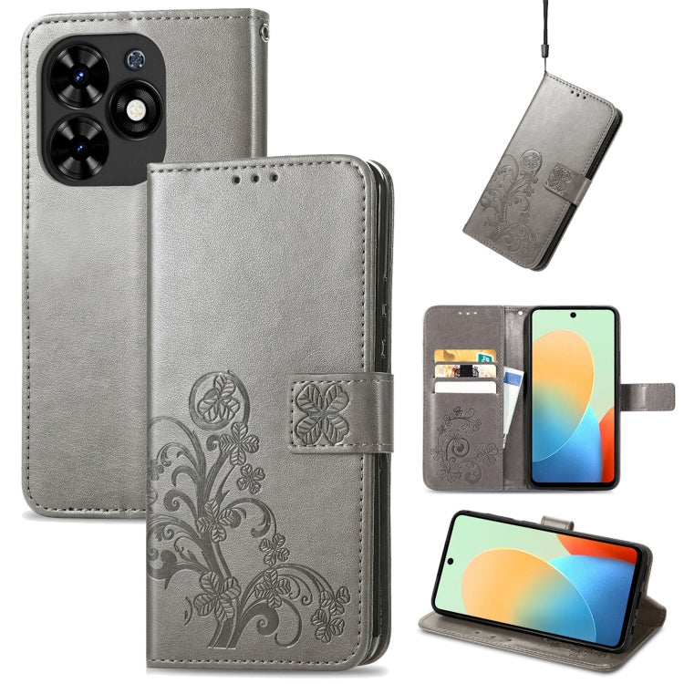For Tecno Spark Go 2024 Four-leaf Clasp Embossed Buckle Leather Phone Case(Grey) by buy2fix