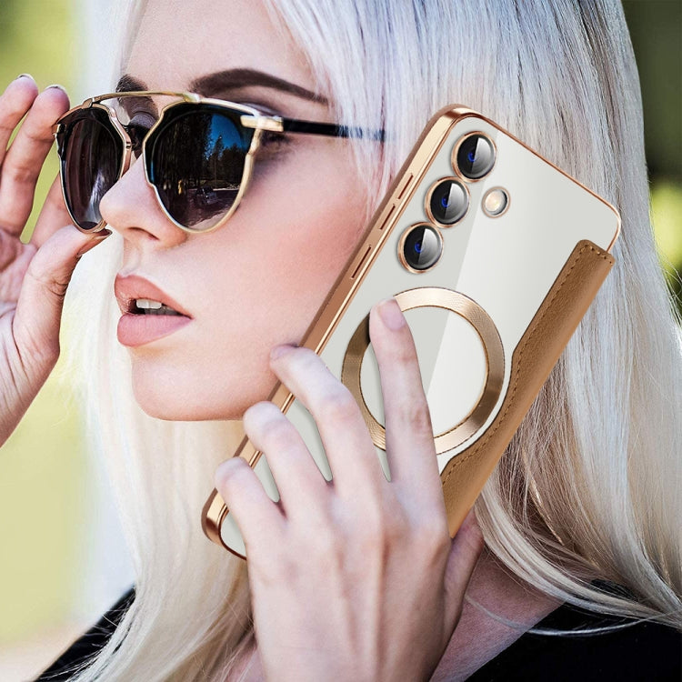 For Samsung Galaxy S25+ 5G Shield MagSafe RFID Anti-theft Leather Phone Case(Brown) by buy2fix