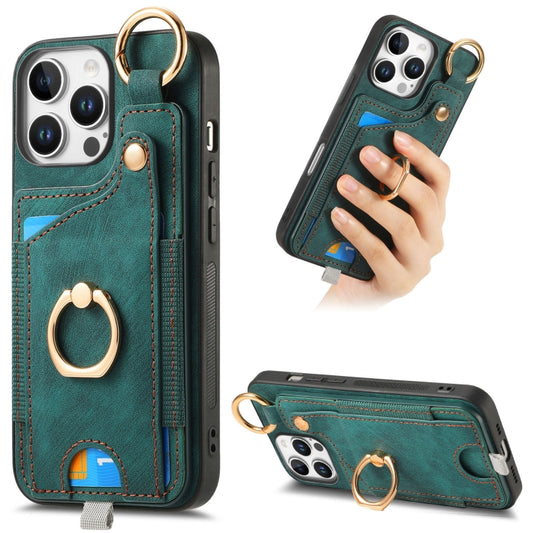 For iPhone 16 Pro Retro Skin-feel Ring Card Bag Phone Case with Hang Loop(Green) by buy2fix