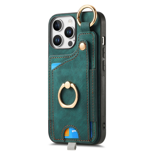 For iPhone 16 Pro Retro Skin-feel Ring Card Bag Phone Case with Hang Loop(Green) by buy2fix