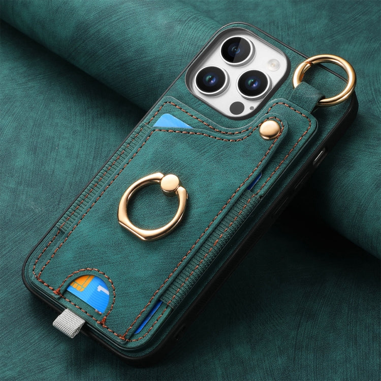 For iPhone 16 Pro Retro Skin-feel Ring Card Bag Phone Case with Hang Loop(Green) by buy2fix