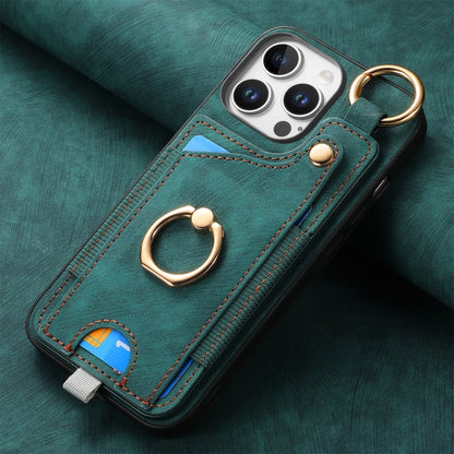 For iPhone 16 Pro Retro Skin-feel Ring Card Bag Phone Case with Hang Loop(Green) by buy2fix