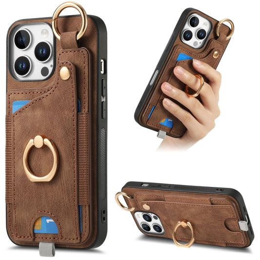 For iPhone 16 Pro Max Retro Skin-feel Ring Card Bag Phone Case with Hang Loop(Brown) by buy2fix