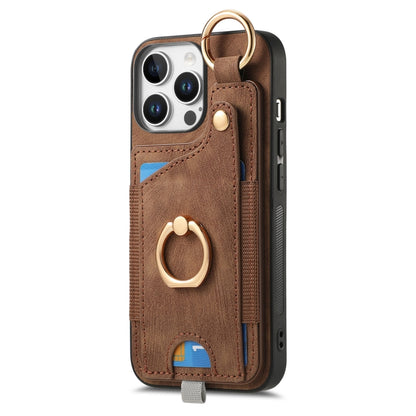 For iPhone 16 Pro Max Retro Skin-feel Ring Card Bag Phone Case with Hang Loop(Brown) by buy2fix