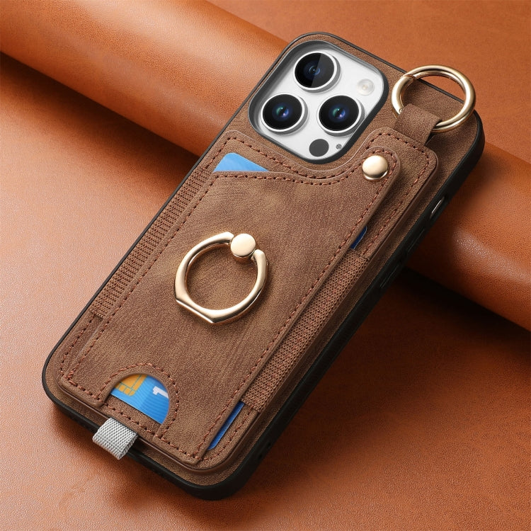 For iPhone 16 Pro Max Retro Skin-feel Ring Card Bag Phone Case with Hang Loop(Brown) by buy2fix