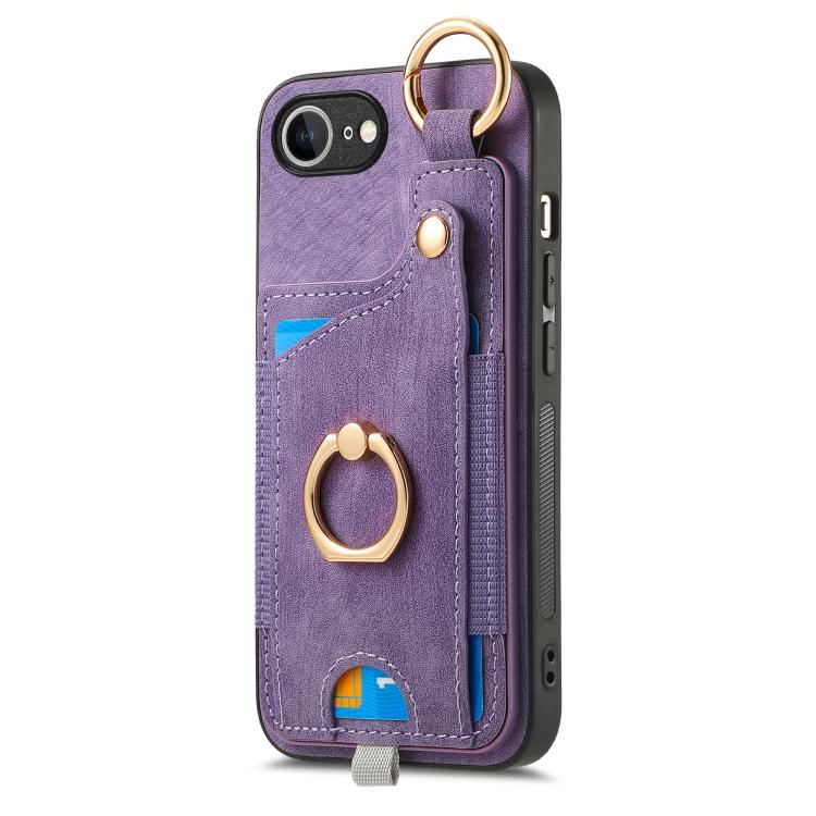 For iPhone 16e Retro Skin-feel Ring Card Bag Phone Case with Hang Loop(Purple) - iPhone 16e Cases by buy2fix | Online Shopping UK | buy2fix