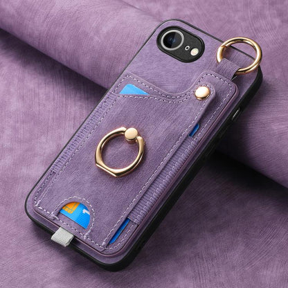 For iPhone 16e Retro Skin-feel Ring Card Bag Phone Case with Hang Loop(Purple) - iPhone 16e Cases by buy2fix | Online Shopping UK | buy2fix