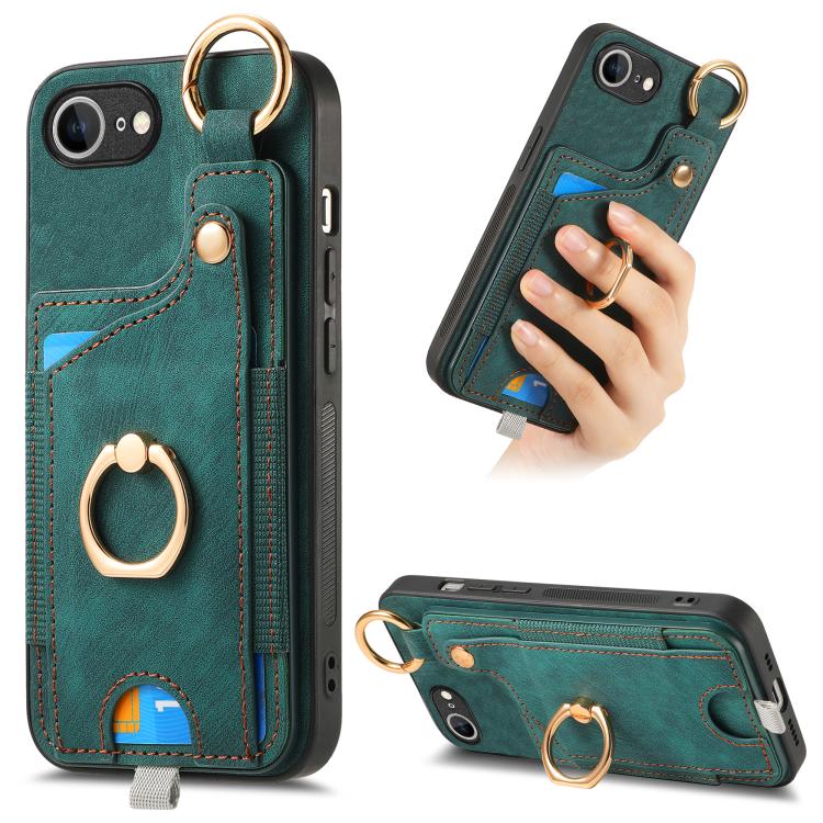 For iPhone 16e Retro Skin-feel Ring Card Bag Phone Case with Hang Loop(Green) - iPhone 16e Cases by buy2fix | Online Shopping UK | buy2fix