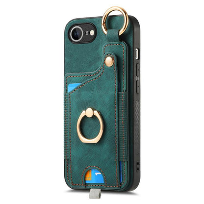 For iPhone 16e Retro Skin-feel Ring Card Bag Phone Case with Hang Loop(Green) - iPhone 16e Cases by buy2fix | Online Shopping UK | buy2fix