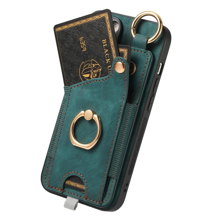 For iPhone 16e Retro Skin-feel Ring Card Bag Phone Case with Hang Loop(Green) - iPhone 16e Cases by buy2fix | Online Shopping UK | buy2fix
