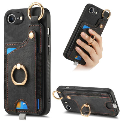 For iPhone 16e Retro Skin-feel Ring Card Bag Phone Case with Hang Loop(Black) - iPhone 16e Cases by buy2fix | Online Shopping UK | buy2fix