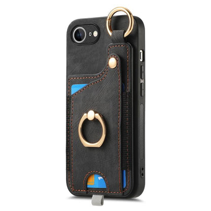 For iPhone 16e Retro Skin-feel Ring Card Bag Phone Case with Hang Loop(Black) - iPhone 16e Cases by buy2fix | Online Shopping UK | buy2fix