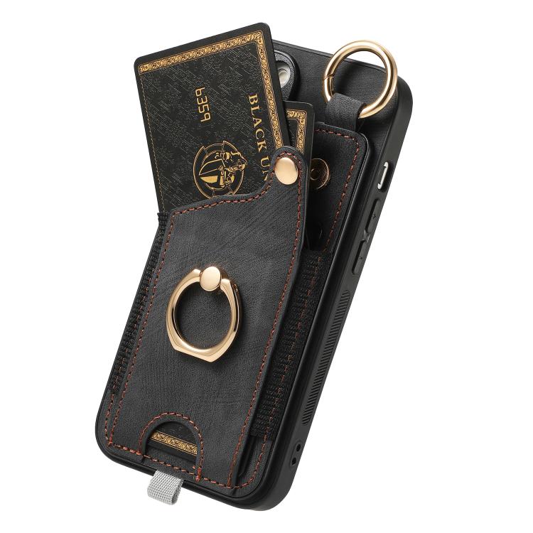 For iPhone 16e Retro Skin-feel Ring Card Bag Phone Case with Hang Loop(Black) - iPhone 16e Cases by buy2fix | Online Shopping UK | buy2fix