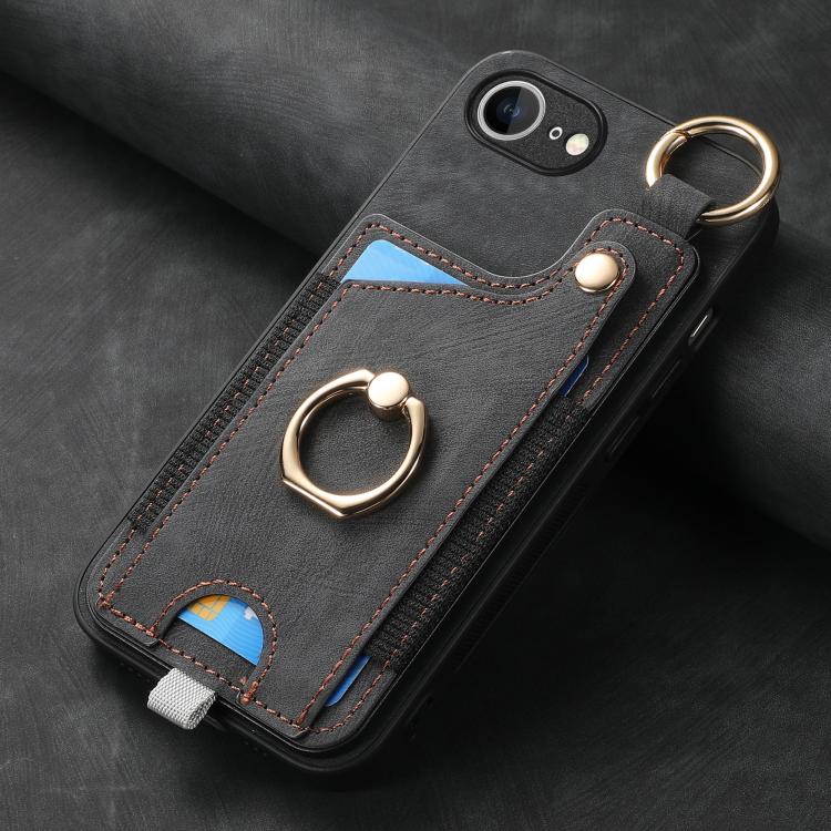 For iPhone 16e Retro Skin-feel Ring Card Bag Phone Case with Hang Loop(Black) - iPhone 16e Cases by buy2fix | Online Shopping UK | buy2fix