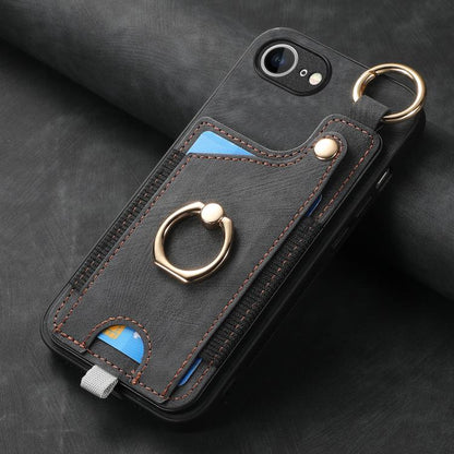For iPhone 16e Retro Skin-feel Ring Card Bag Phone Case with Hang Loop(Black) - iPhone 16e Cases by buy2fix | Online Shopping UK | buy2fix