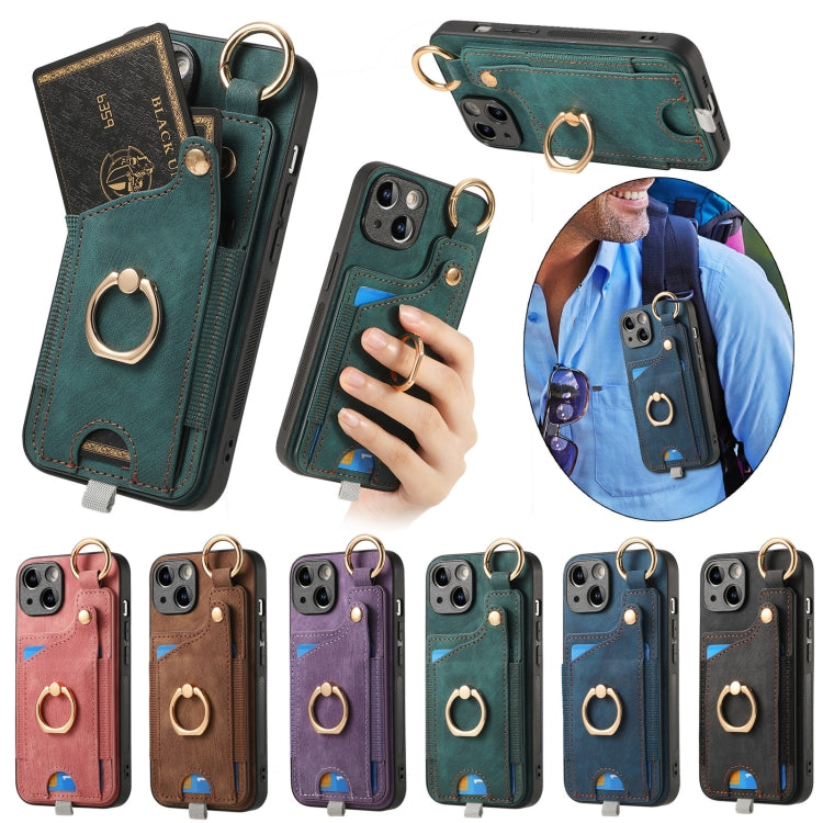 For iPhone 16e Retro Skin-feel Ring Card Bag Phone Case with Hang Loop(Black) - iPhone 16e Cases by buy2fix | Online Shopping UK | buy2fix