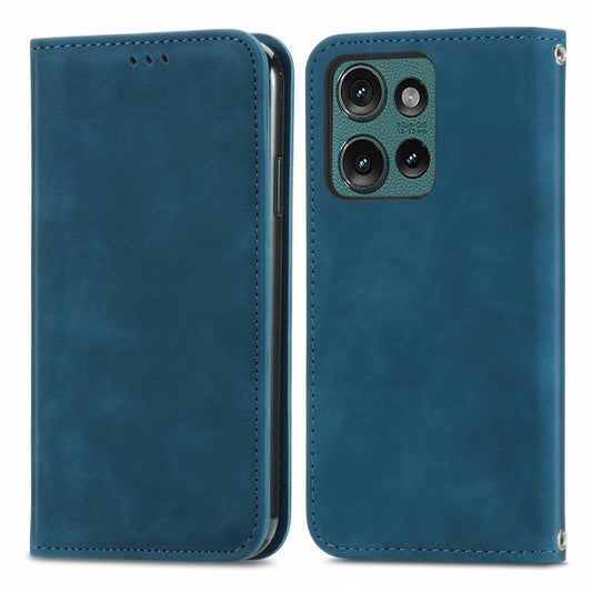 For Motorola Edge 2024 Retro Skin Feel Magnetic Flip Leather Phone Case(Blue) by buy2fix