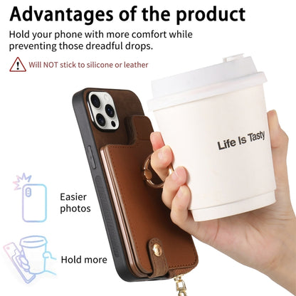For iPhone 16 Plus Cross Leather Ring Vertical Zipper Wallet Back Phone Case(Brown) - iPhone 16 Plus Cases by buy2fix | Online Shopping UK | buy2fix