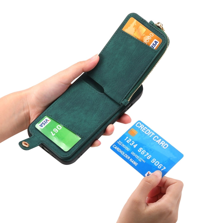 For iPhone 16 Plus Cross Leather Ring Vertical Zipper Wallet Back Phone Case(Green) - iPhone 16 Plus Cases by buy2fix | Online Shopping UK | buy2fix