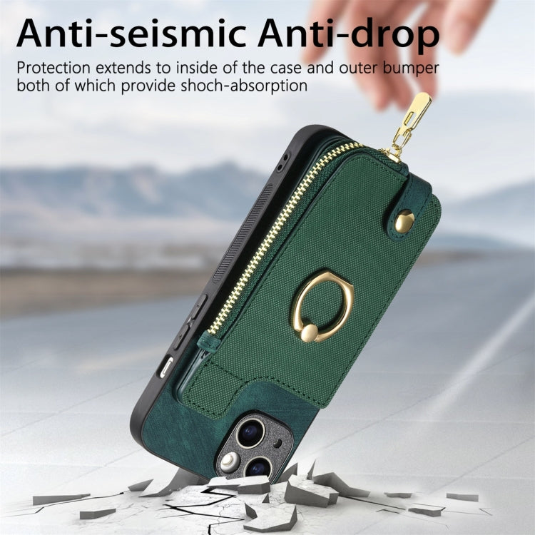 For iPhone 16 Plus Cross Leather Ring Vertical Zipper Wallet Back Phone Case(Green) - iPhone 16 Plus Cases by buy2fix | Online Shopping UK | buy2fix