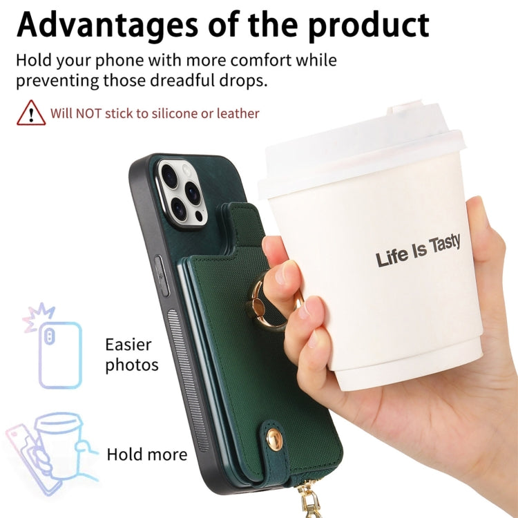 For iPhone 16 Plus Cross Leather Ring Vertical Zipper Wallet Back Phone Case(Green) - iPhone 16 Plus Cases by buy2fix | Online Shopping UK | buy2fix