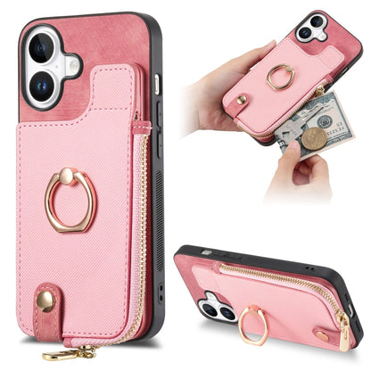 For iPhone 16 Plus Cross Leather Ring Vertical Zipper Wallet Back Phone Case(Pink) by buy2fix