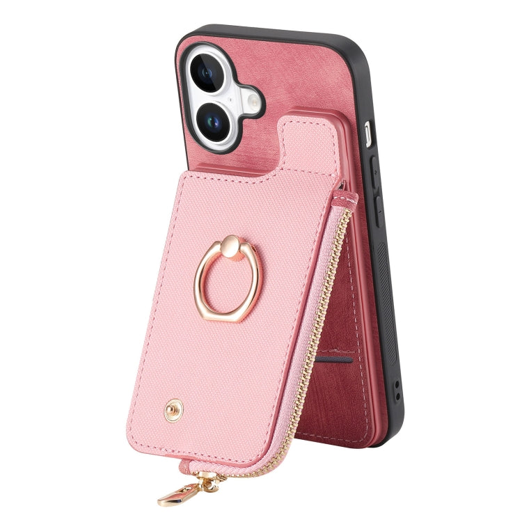For iPhone 16 Plus Cross Leather Ring Vertical Zipper Wallet Back Phone Case(Pink) by buy2fix