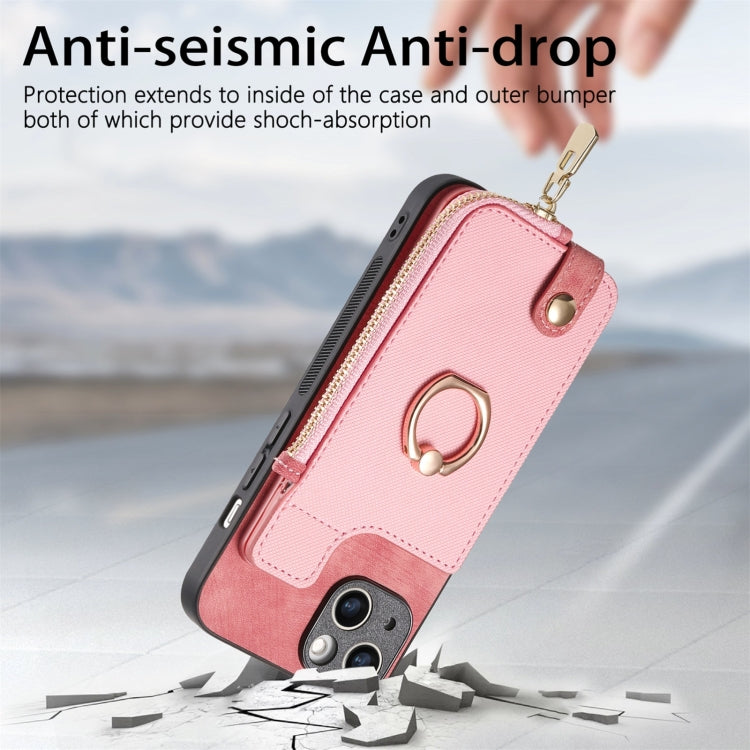 For iPhone 16 Plus Cross Leather Ring Vertical Zipper Wallet Back Phone Case(Pink) by buy2fix
