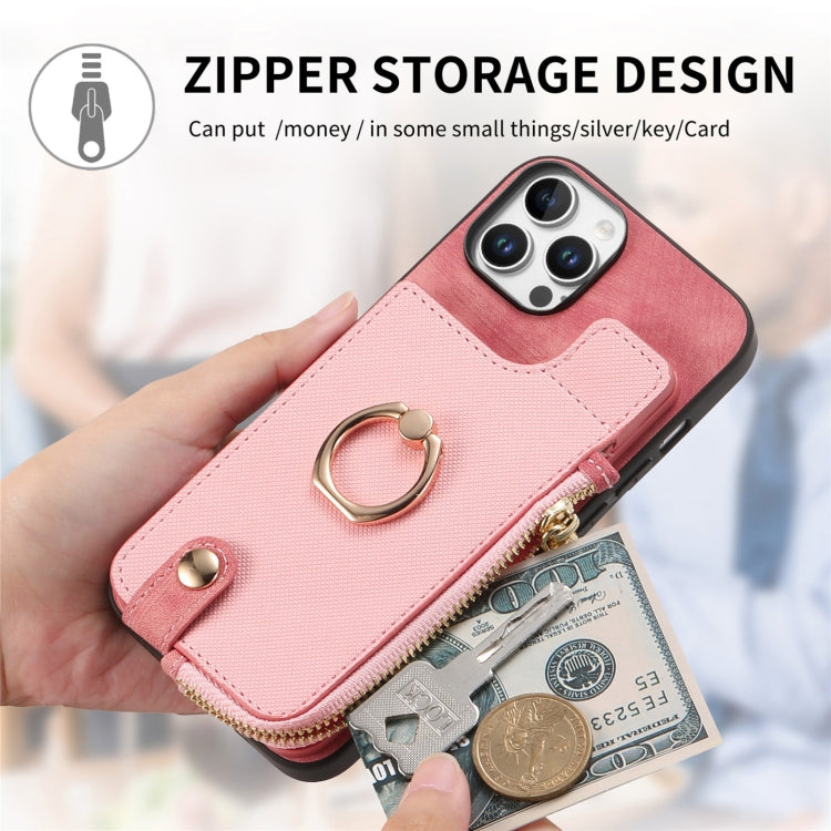 For iPhone 16 Plus Cross Leather Ring Vertical Zipper Wallet Back Phone Case(Pink) by buy2fix