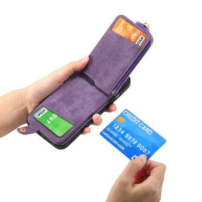 For iPhone 16 Plus Cross Leather Ring Vertical Zipper Wallet Back Phone Case(Purple) - iPhone 16 Plus Cases by buy2fix | Online Shopping UK | buy2fix
